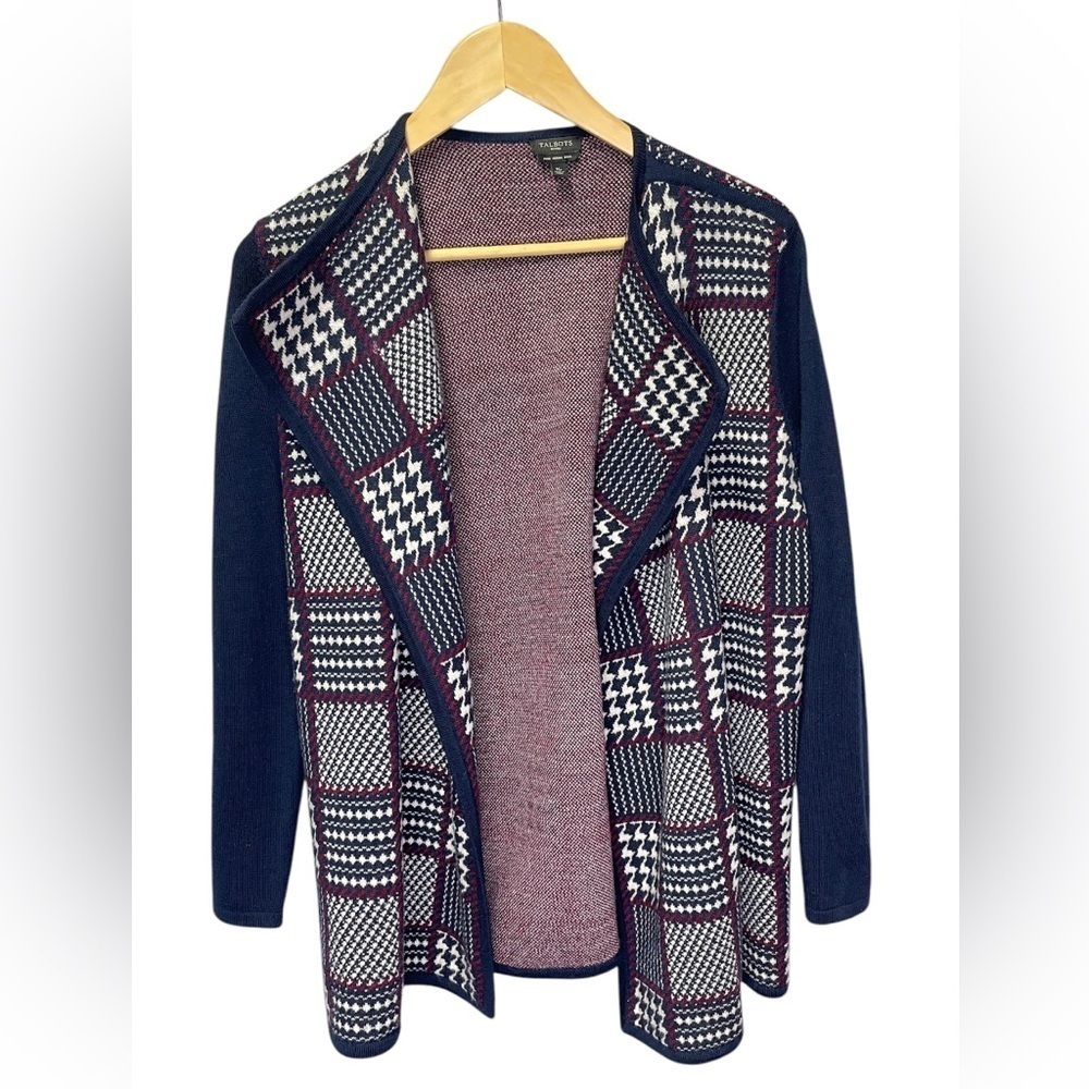 Talbots Womens Medium Petite Merino Wool Houndstooth Plaid Open Cardigan Sweater